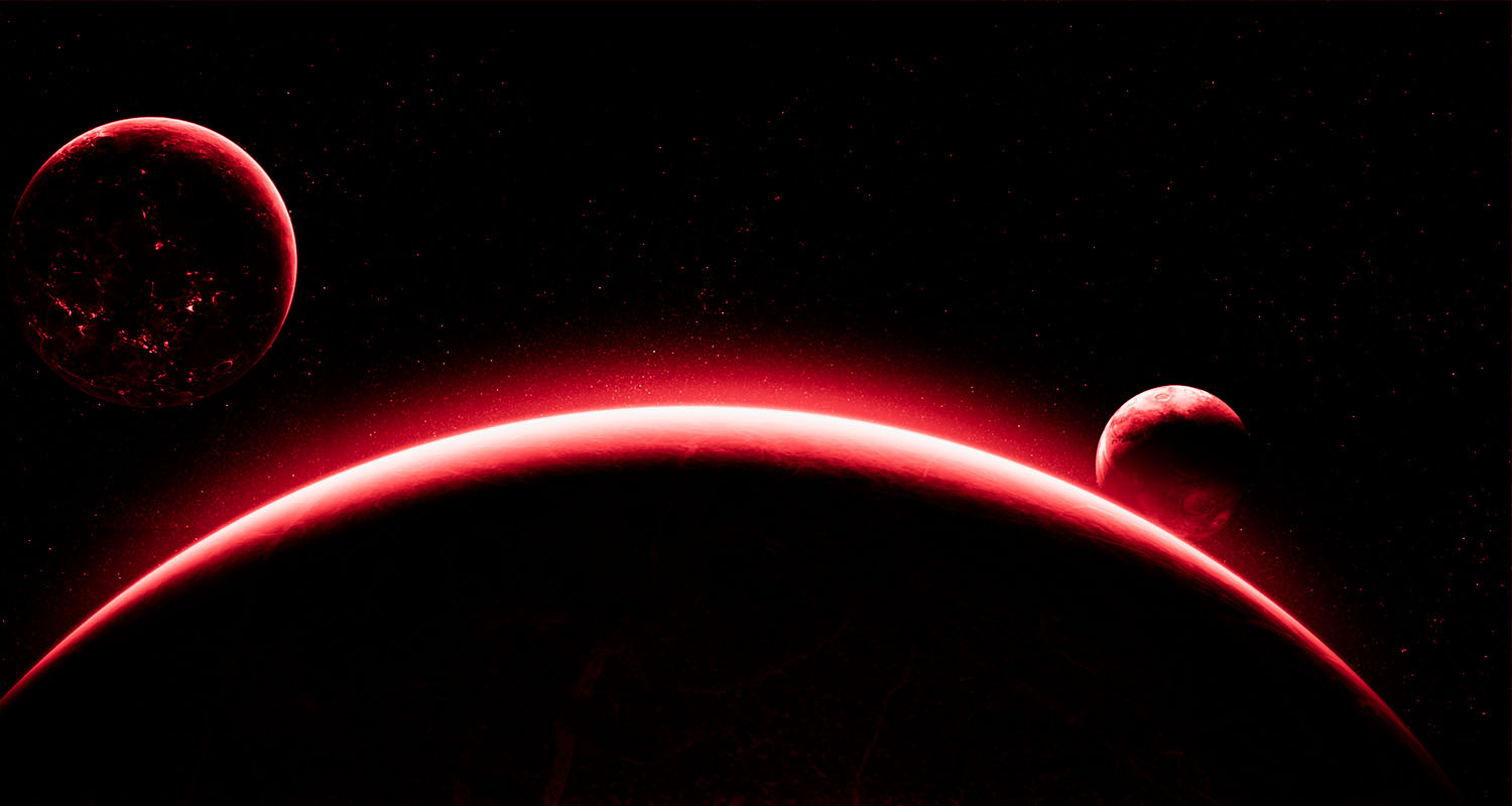 foto van 3 onbekende donkere planeten. een rood met witte gloed alsof de zon op komt achter de planeet. In de stijl van NOBLY