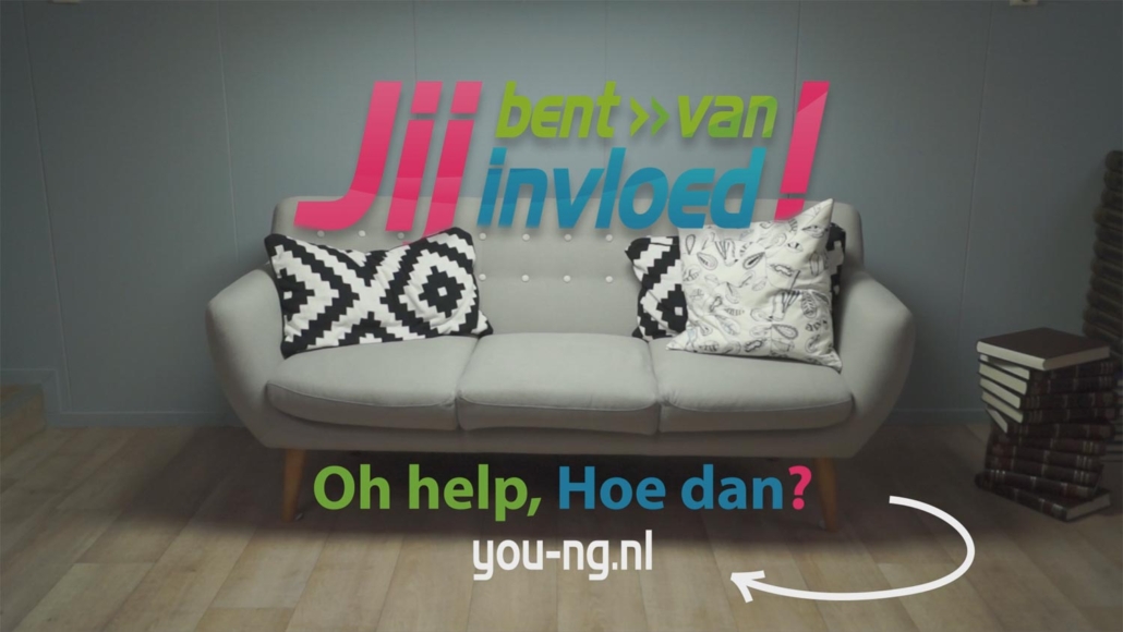 A couch with pillows next to books. Text in photo: YOU are of Influence! Oh help, how then? you-ng.nl